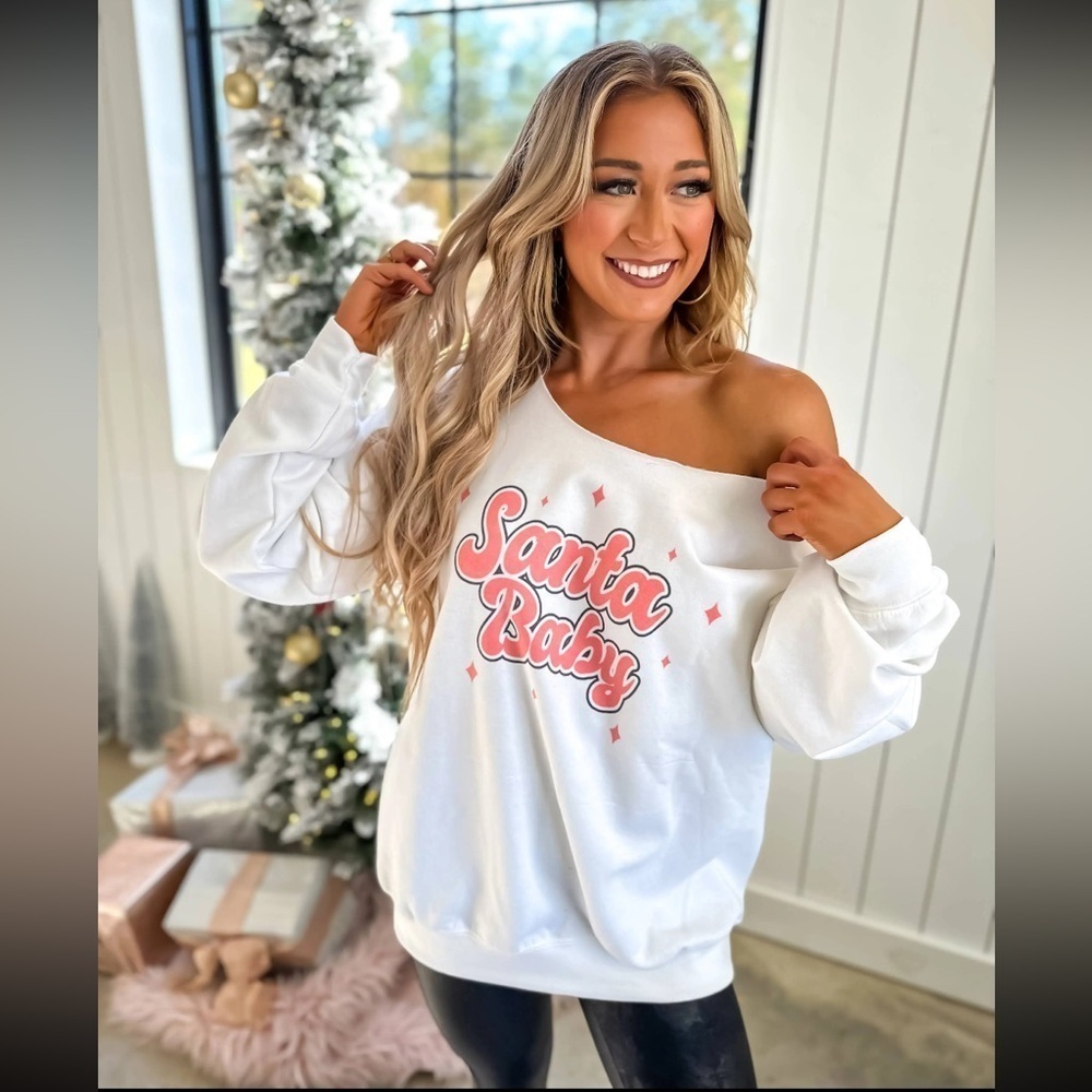 Santa Baby White Graphic Crewneck Off the Shoulder Sweatshirt